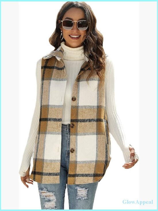 Jackets & Blazers - Women's Plaid Vest Brushed Flannel Sleeveless Shacket with Pockets